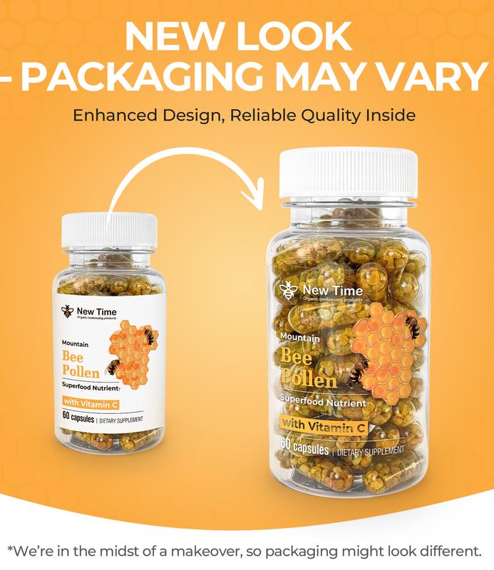 Organic Bee Pollen Supplement with Vitamin C - 60 Veggie Capsules, Fermented Multivitamin, Probiotic Superfood for Immune Support and Energy Boost