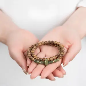Vintage Eaglewood Bracelet with Hetian Jade Ethnic Style Double-Loop Women's Accessory Natural Texture & Smooth Green Beads Secure & Stylish