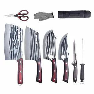 Butcher Knife Set, Hand Forged Butcher Chef Knife Set with Bag, Sharp Meat Cleaver & Bbq Carving Knives & Boning Breaking Knives for Kitchen & Camping