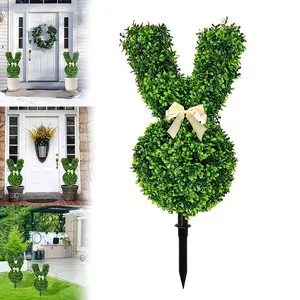 One set of Easter outdoor green plastic rabbit tree - artificial boxwood shaped tree, Artificial shrubbery, suitable for all seasons, backyard, garden, and patio lawn decoration, never withers, maintenance-free, flower pot not included