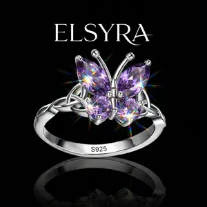 S925 Sterling Silver Butterfly Artificial Zircon Ring, Trendy Celtic Knot Design, Purple Butterfly Ring for Women Girls Sparkle Lavender Cubic Zirconia Butterfly Ring Elegant Minimalist Design, Suitable for daily Wear Gift for Birthday or Mother's Day