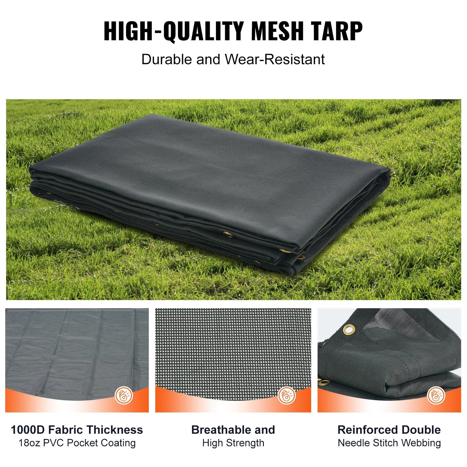VEVOR Heavy-Duty Wear-Resistant PVC Coated Black Mesh Dump Truck Tarp, 8x18 ft (8 x 18 ft), 5.5" 18oz Double PVC Pockets, Brass Grommets, Reinforced Double-Needle Stitch Webbing, Rain Protection, Fits Manual & Electric Systems, 8X18ft Size