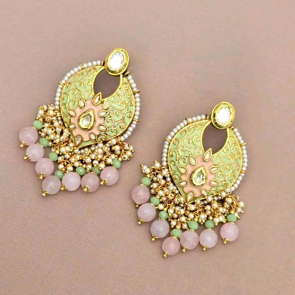 Women's Designer Golden Kundan-Pink Beaded Lime Bollywood-Style Earrings Jewelry
