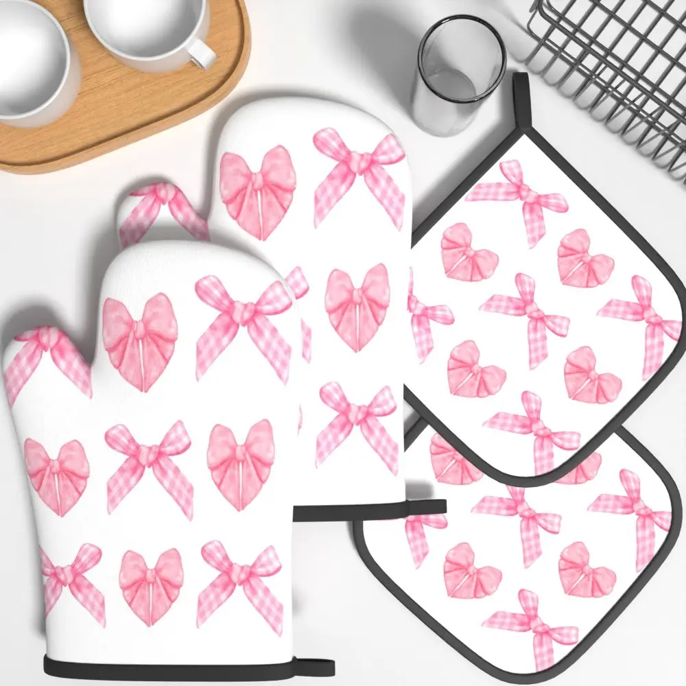 4pcs Oven Mitts And Potholders Pink Plaid Bow Cute Heat Resistant Insulated Oven Mitts And Pot Holders Sets Suitable For Grilling, Cooking, Baking, Broiling, Microwave And Kitchen Decoration Gifts Kitchenware Home