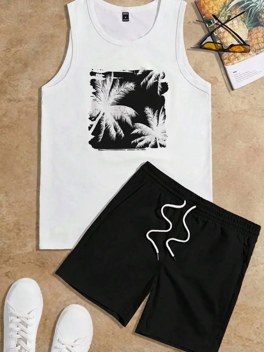 Men's Tropical Print Knit Tank Top And Shorts Set, Breathable Sleeveless Matching Two-Piece Casual Vacation Outfit
