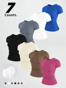 Women's Solid Color Round Neck Sports Tee, High Stretch Sporty Comfortable Breathable Workout Tops Crew Neck Short Sleeve T-shirt for Gym Workout, Ladies Sportswear for Summer, Athletic Top