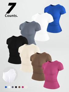 women's solid color round neck sports tee, high stretch sporty comfortable breathable crew neck short sleeve t-shirt for gym workout, ladies sportswear for summer, workout clothes women, casual workout tops