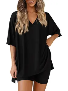 Comfort Women Matching Set V Neck Oversized Tee and Stretch Biker Shorts, Soft Summer Active Lounge Wear for Travel & Daily Life