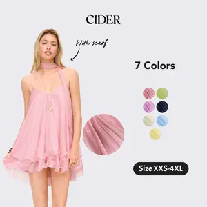 Cider V-Neck Halter Ruffled Hem Tulle Glitter Mini Dress Casual Wear Sexy Glamorous Women's Party Clubbing Festival Gown, Oversized Loose Fit Bounce Sundress with Scarf for Summer SummerWins Dealsforyou