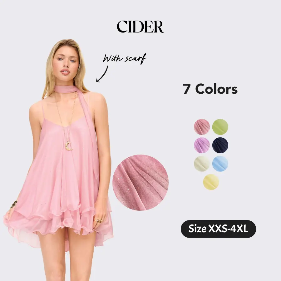 Cider V-Neck Halter Ruffled Hem Tulle Glitter Mini Dress Casual Wear Sexy Glamorous Women's Party Clubbing Festival Gown, Oversized Loose Fit Bounce Sundress with Scarf for Summer SummerWins SummerFinds