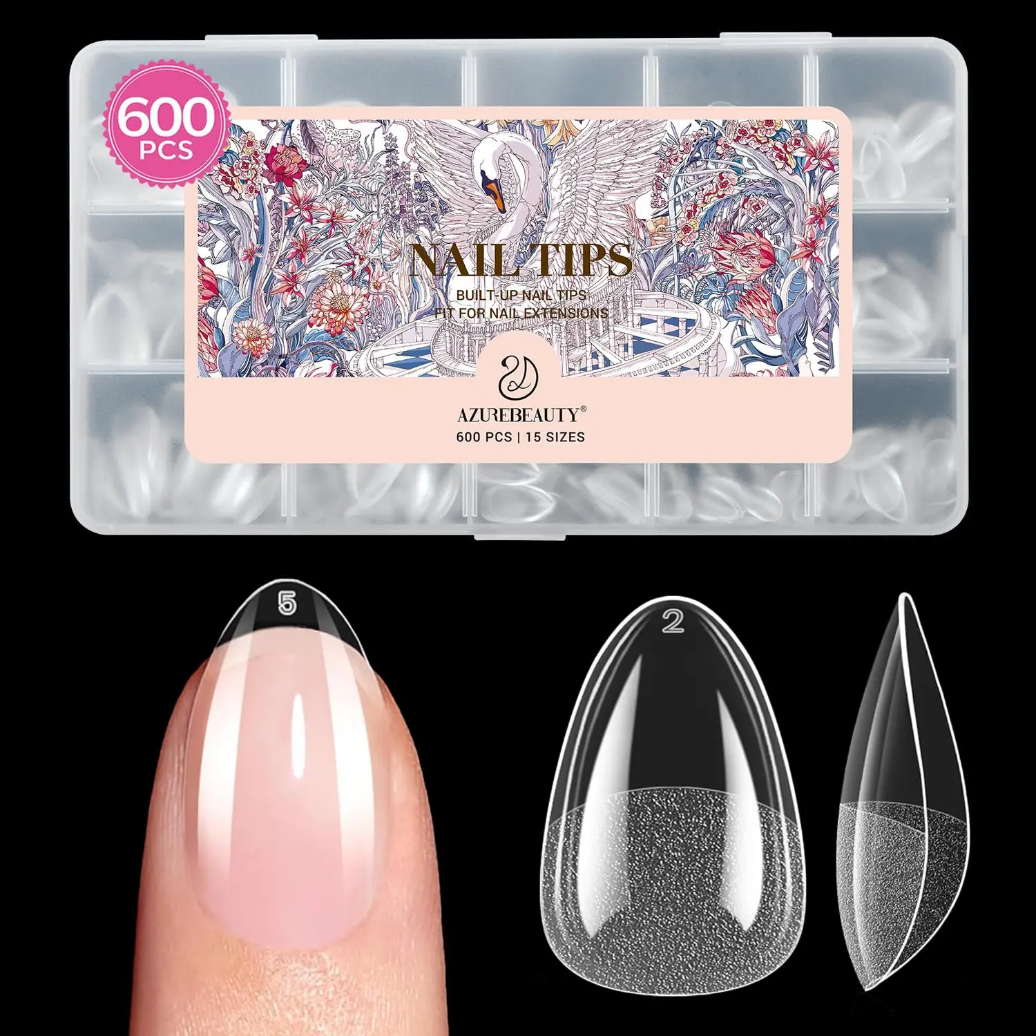 AZUREBEAUTY Extra Short Almond Nail Tips, 600pcs Pre Etched Soft Gel Nail Tips 15Sizes Acrylic Fake Nails Half Matte Full Cover Clear Press On False Nail Extensions for DIY Manicure at Home Nail Art