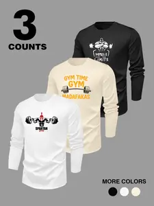 3 Pack Men's Gym Workout Graphic Long Sleeve T-Shirts, Spartan Muscle Casual Crew Neck Fitness Tees (Black/White/Beige)