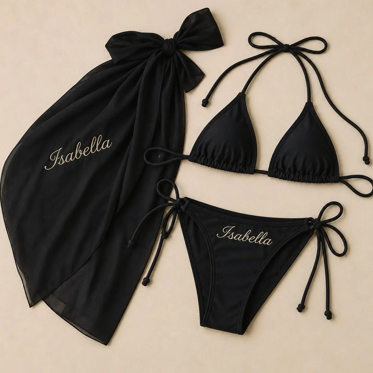 Personalized Bridal Bikini Set and Sarong Cover Up, Custom Name Embroidered Swimsuit for Bride to Be