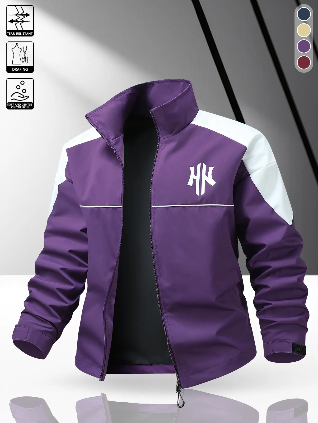 Men’s vintage patchwork letter-logo casual jacket, purple and white color-block stand collar sports jacket—versatile for everyday wear, suitable for light business settings, trendy outerwear