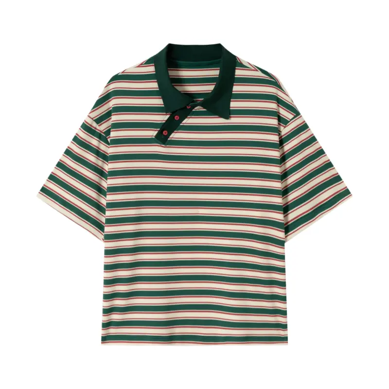 Men's Short-Sleeve Striped Polyester Chic Polo Shirt - Street Style, 80S Preppy Retro, Contrasting Collar, Asymmetrical Button Front, Stars And Stripes, All-Season Stylish Casual Top, Cold Wash Apparel (Size M)