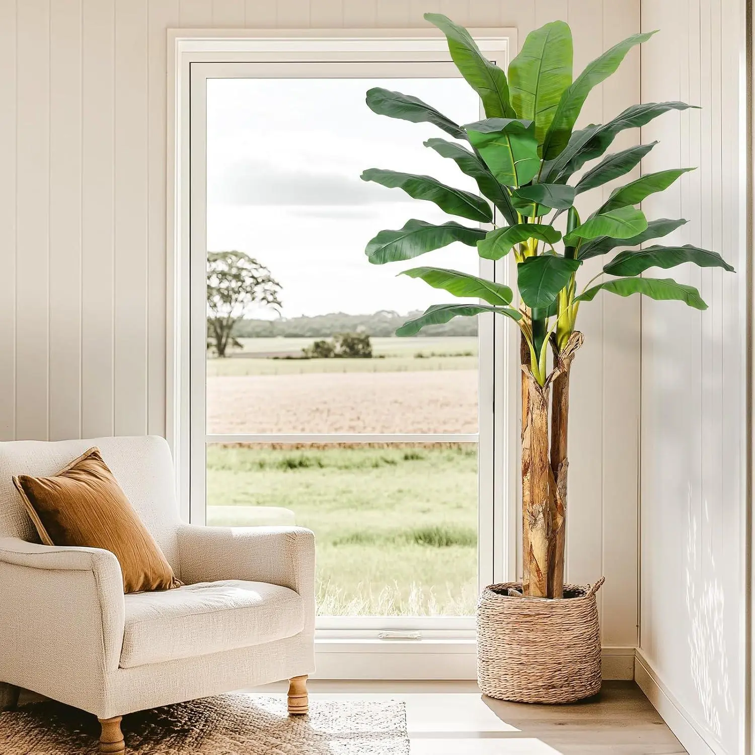 Artificial Banana Tree, 7FT Faux Banana Tree with Grey Planter, Artificial Plants with 24 Faux Banana Leaves Plant for Home Office Decor Decorative Fruit Fake Greenery Tropical Charm Sturdy Branches