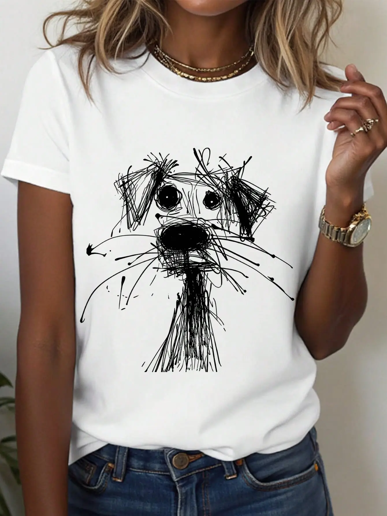 Women's Casual Round Neck Puppy Doodle Print Short Sleeve T-Shirt, Versatile For Summer