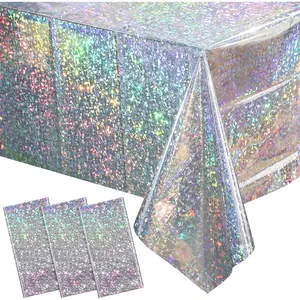 3 Pack New Iridescent Silver Tablecloth Party Decorations, Holographic Silver Glitter Plastic Tablecloth, Disposable Laser Rectangle Table Cover for Disco Birthday 70s Theme Party Decorations, 54x108"
