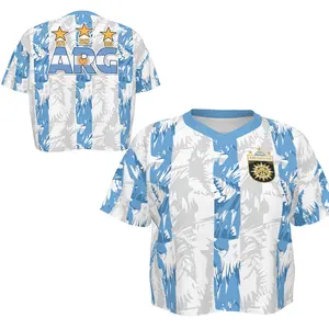 Women's Argentina Crop Top Soccer Jersey, Argentina Blue White Striped Crop Top Shirt, Argentina Y2k Jersey Top, Argentina Crop Top for Fan