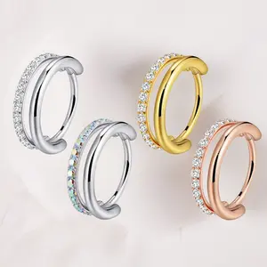 Half and Half Double Hoop Nose Ring Plain Side Micro Zircon Inlaid Hinged Design