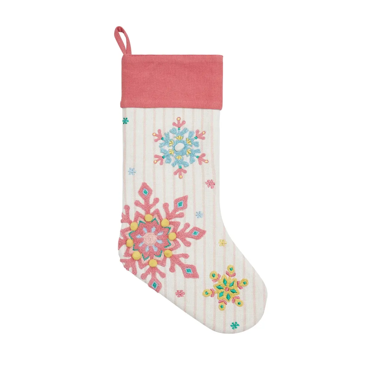 Multi-Color Traditional Cotton Holiday Brights Snowflake Decor Stocking with 360 Stand - Handcrafted Look, Holiday Magic Festive Decoration, Model 31DD82MC, 11x20 in