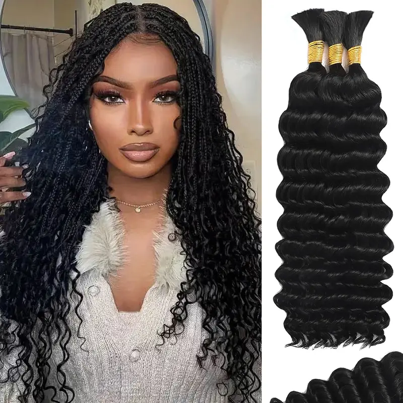 Bohemian Braiding Human Hair, Deep Water Wave Bulk Braiding Hair, 12A Grade Wet & Wavy Curly Human Hair Extensions, 3 Bundles 110g, Natural Color, Weft-Free Design, Unisex Hair Pieces