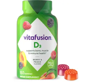 vitafusion Vitamin D3 Gummies, Bone and Immune Support, Peach, Blackberry, Strawberry Flavored, 50 mcg D3 Gummy Vitamin Supplement, 75 Day Supply, 150 Count