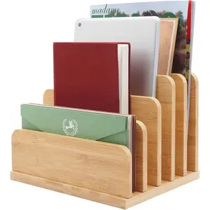 5 Slots Bamboo Desk File Mail Organizer Countertop, Desktop Folder Sorter Holder for Letter Envelope Paper Bill Filing, Desktop Tray Organizer for Office & Home