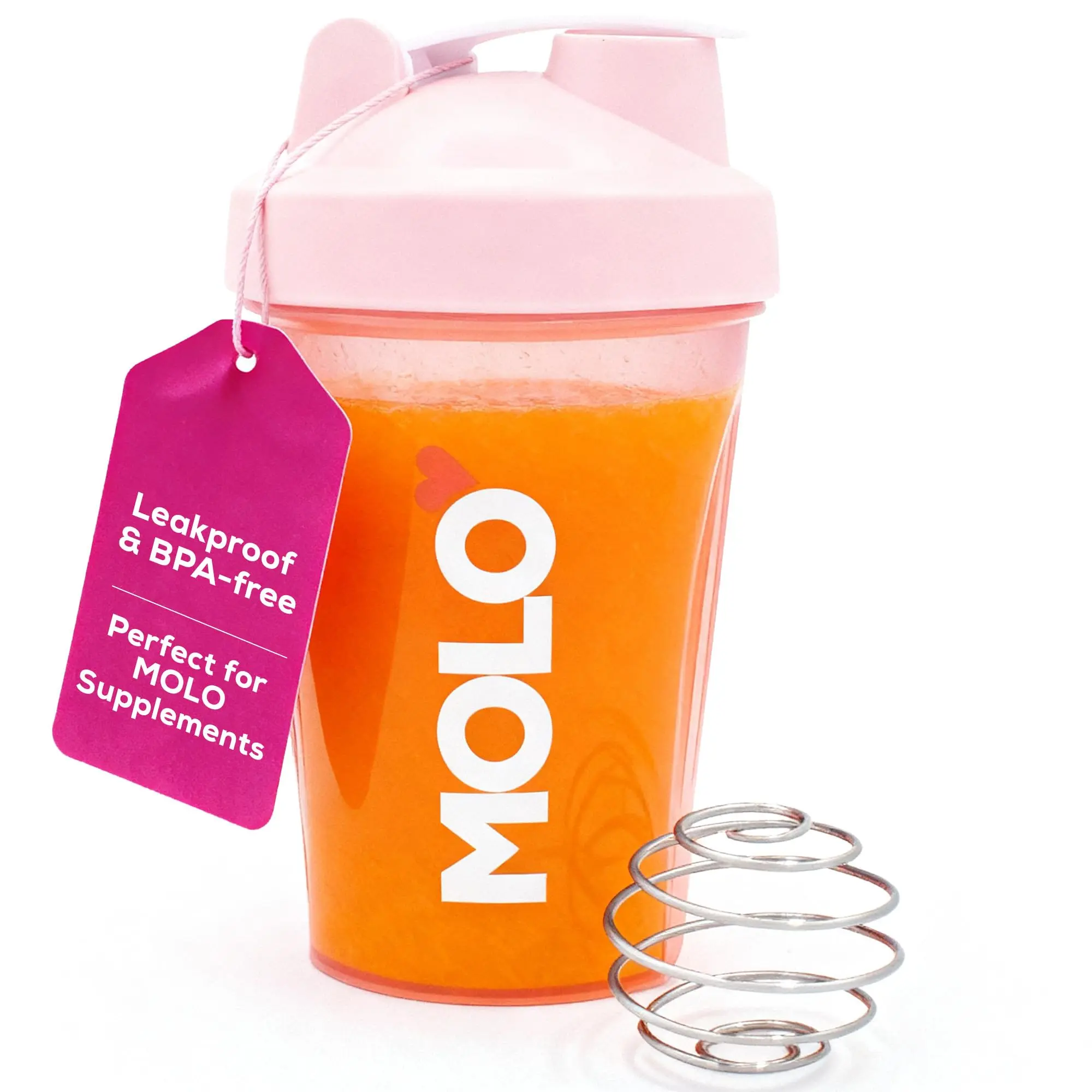 MOLO 12 oz Shaker Bottle with Stainless Steel Mixer Ball, BPA and Phthalate Free, Dishwasher Safe, Leak Proof Lid, For Protein, Pre Workout, & other Supplements (Pink)