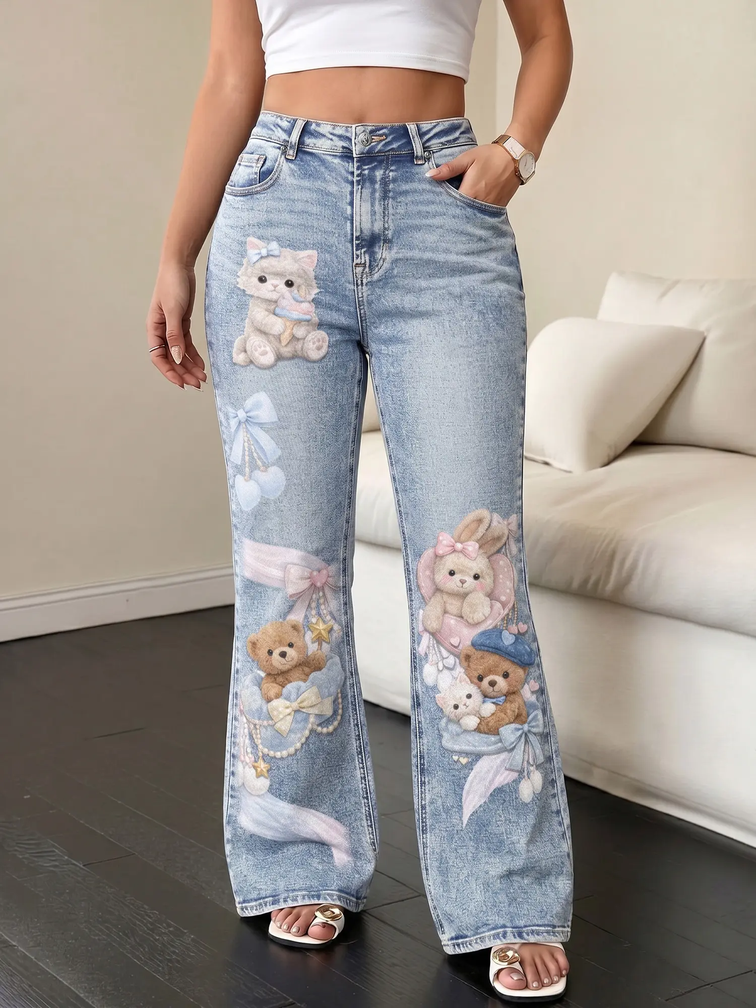 JR JEANIUS WEAR Women's Jeans, High-Waisted Micro-Flare Style, Cute Pastel Bunny & Teddy Animal Print Woven Denim, Stretchy Curvy Fit, Bottoms, Cute Jeans, Button Fly, Soft, Piece, Graphic, High Waisted Wide Leg Jeans