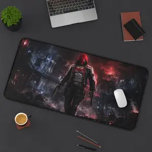 Red Hood Vigilante Desk Mat | Dark City Nightscape Mouse Pad
