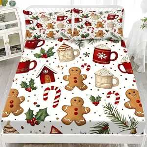 Fitted Sheet 3-Piece Set - 2D Flat Christmas Gingerbread Man Pattern Mattress Cover (1 fitted sheet + 2 pillowcases, no insert), comfortable sheets, skin-friendly and breathable bedding, suitable for family bedrooms and guest rooms, all year round.