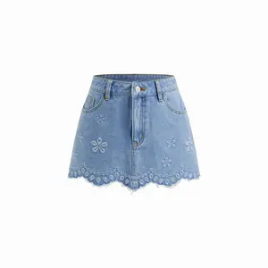 Cider Denim Low Rise Floral Embroidery Raw Hem Mini Skirt