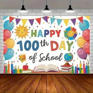 1PC,2D Flat 100th Day of School Backdrop,Happy School 100 Days Theme Background Cloth,Cartoon Balloon Book Sun Pattern,Classroom Decoration Banner for Kindergarten Elementary School,Photo Booth Backdro