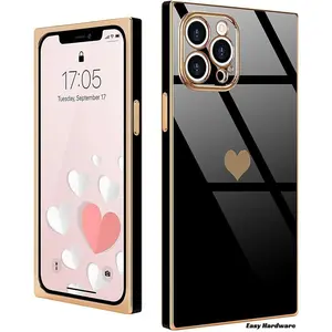 [Free !Shippin]Rectangular gold-plated heart phonecases For IP 16 Pro Max 15/14/13/12/11 Back Shockproof Camera Lens Protector Gifts for women men girls boys