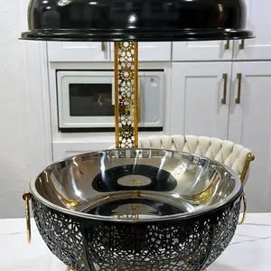 Exquisite 8 Quart Round Black & Gold Chafing Dish with Lid and Stand: Elegant Buffet Server for Catering and Special Events - Buffet Warmer Chafer