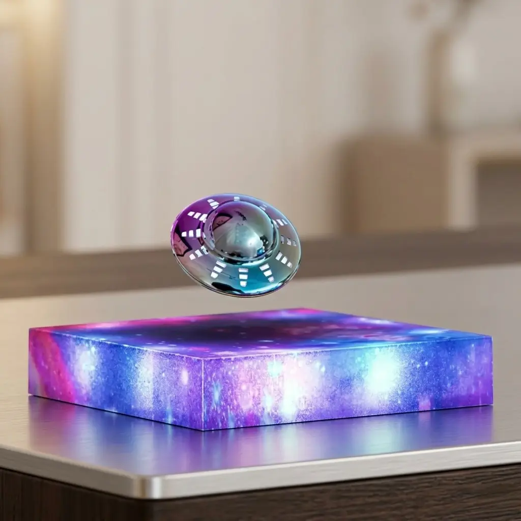 Magnetic Levitating UFO Starry Sky Desk Lamp - Automatic Plastic Wired Model, Advanced Levitation Tech, 360° Rotating Compact, Touch Control Color Changing, 12V Adjustable DC Power Supply, 12V Powered, Space Lover Birthday Gift, Bedroom Decor, Desk Lamps