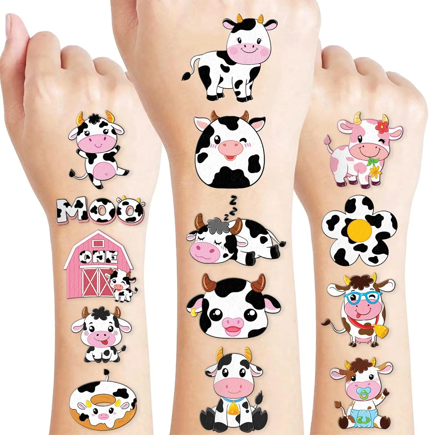 96 PCS Cow Pre-Cut Temporary Tattoos for Kids | Super Cute Themed Birthday Party Favors, Supplies, Decorations, Cute Farm Animal Fake Tattoo Stickers, School Rewards Prizes & Gifts for Boys & Girls