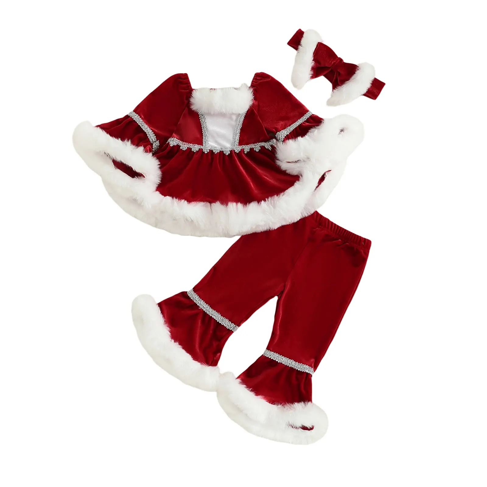 Meihuida Toddler Baby Girl Christmas Santa Outfit Velvet Feather Trim Tunic Dress Tops Bell Bottoms Flared Pants Xmas Fall Winter Clothes