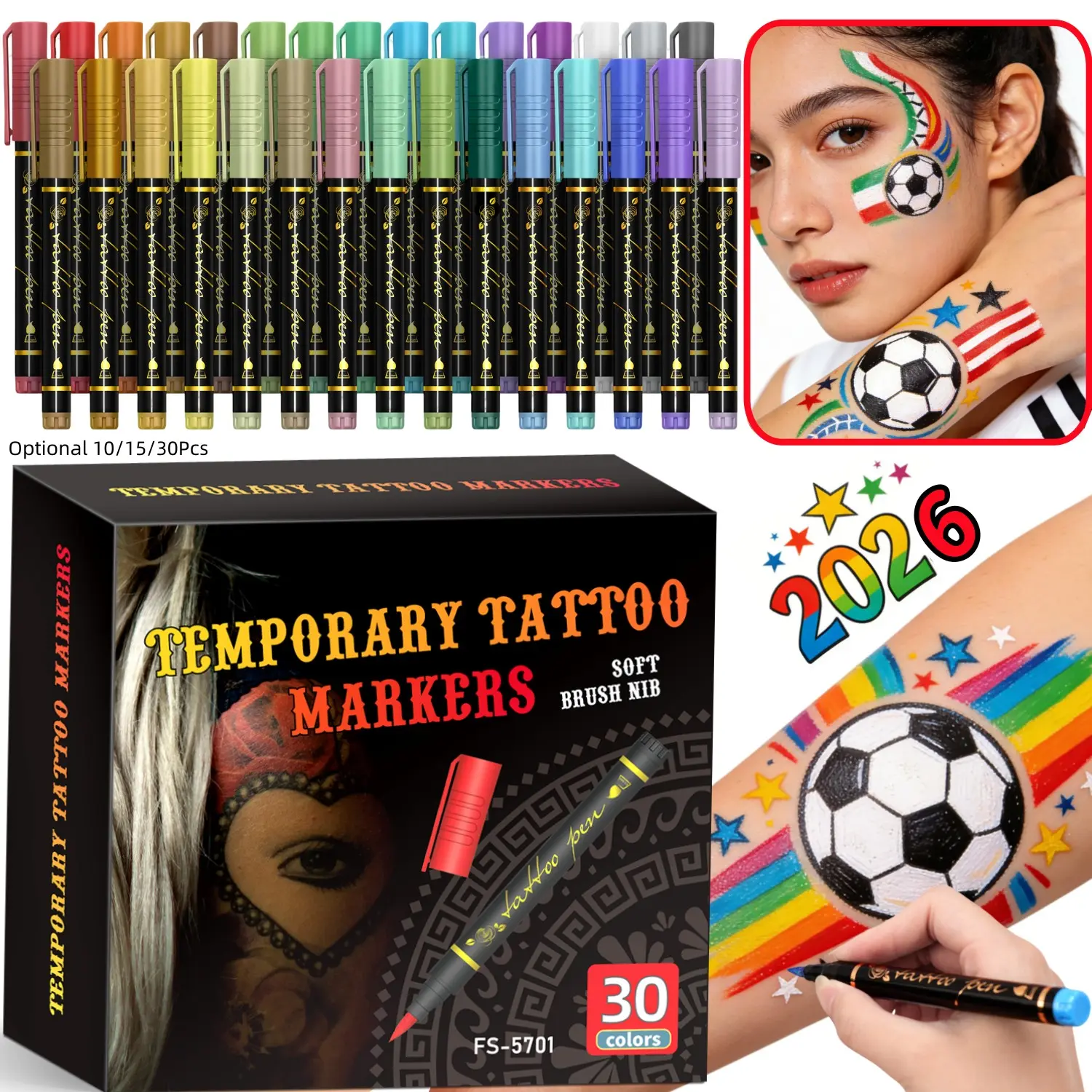 Temporary Tattoo Markers for Skin, 10/15/30-Count Body Markers 10/15/30 Colors Tattoo Pens, Tattoo Stencils, Body Art, Flexible Brush Tip, Bright colors, High Pigment, Face Paint Kit Cosmetic Quality,Halloween makeup, Trending Makeup