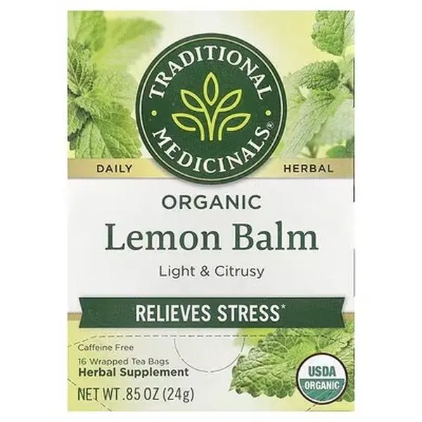 Traditional Medicinals Organic Lemon Balm, Caffeine Free, 16 Wrapped Tea Bags, 0.85 oz (24 g) - Supports Stress Relief & Digestive Health, - Kosher, Non-GMO,
