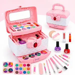 Girls Pretend Play Makeup Set, Washable Beauty Toys, DIY Portable Cosmetic Box, Fashion Role Play Cosmetics, Mirror, Powder Case, Nail Polish, Brush, 3-9 Years, Kids Vanity