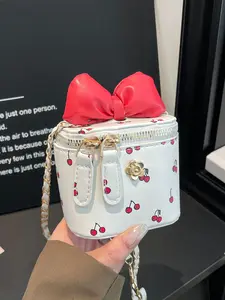 Cute Mini Polka Dot Bucket Bag with Bowknot, Women's Chain Crossbody Bag, Small Cosmetic Box Purse, Kawaii Cherry Print Shoulder Bag, Crossbody Handbag
