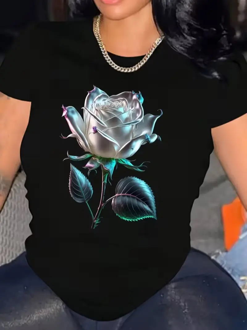 Iridescent Silver Metallic Rose Graphic Tee Women Dark Floral Aesthetic Black T Shirt