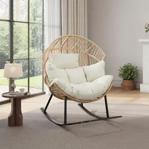Garvee Oversized Rocking Egg Chair, Rattan Wicker Patio Lounger with Thick Cushion + Pillow, Removable Covers, Indoor/Outdoor Seating for Living Room/Patio/Garden, Brown Rattan + Creamy White Cushion