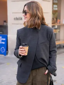 Asymmetric Blazer Woman Cropped Jacket New Arrivals Demi-Season Women's Blazer Long Sleeve High Neck Business Casual Fitted Woman Outerwears Drak Gray Elegant Womenswear Womens Jackets