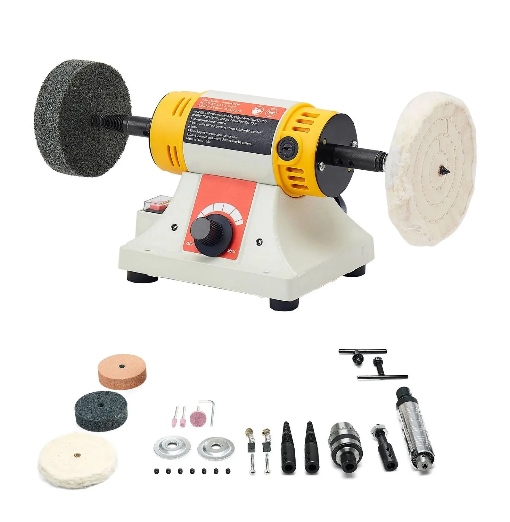 Bench Buffer Polisher, 1/2HP Buffing Machine 0-8000 RPM, 4" Cloth, 3" Grinding & Fiber Wheels for Metal, Wood, Jewelry, Plastic - Benchtop Polisher Table Shaft Type Variable Speed