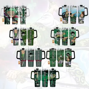 Zoro Pirates 40oz Swordsman Graphic Tumbler - Insulated Travel Mug with Handle - Premium Manga Art Inspired Stainless Steel Cup