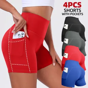 CHRLEISURE 4-Pack Biker Shorts with Pockets High Waisted Workout Gym Running Yoga Shorts For Women Solid Color