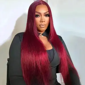 99j Burgundy Lace Front Wigs Human Hair 34Inch 13x6 Burgundy Wig Human Hair 180% Density Brazilian Virgin Straight Human Hair Wigs for Women Pre Plucked with Baby Hair